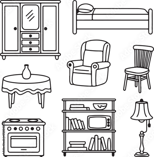 Furniture icons set for home interior with sofa chair bed table and office elements