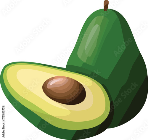 A whole avocado next to a halved avocado with a pit