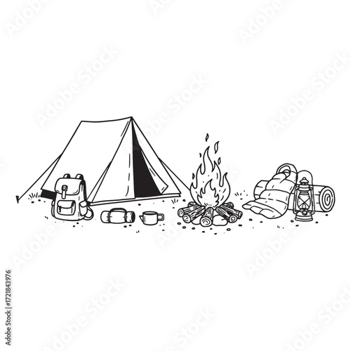 Camping scene with tent, campfire, backpack, and sleeping gear