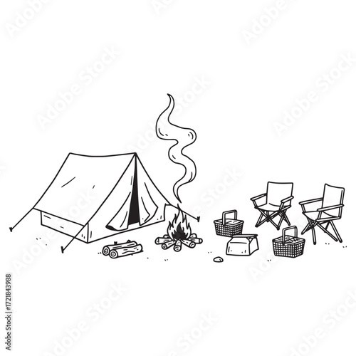 Camping scene with tent, campfire, chairs, and picnic baskets