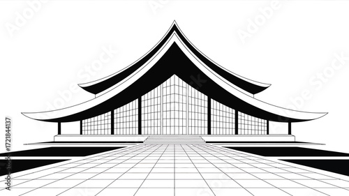 Japanese Pavilion Vector Illustration A Traditional Structure with Curved Roof and Open Design