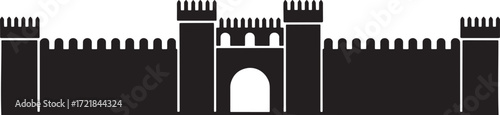 Detailed Silhouette of a Medieval Castle with Battlements and Arched Gateways Against a Neutral Backdrop