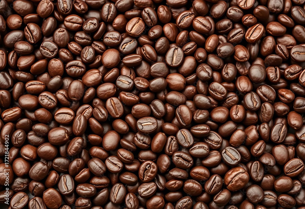 Fototapeta premium Rich brown coffee beans, close-up texture background, plantation, grain