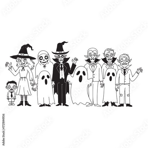 Halloween characters group posing on white background