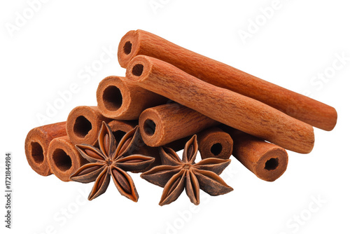 Fresh cinnamon sticks and star anise spices isolated on transparent background close up