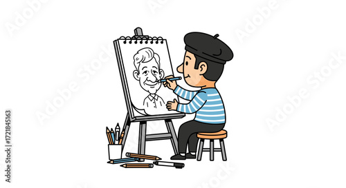 Cartoon Artist at Work: Drawing a Portrait on Canvas with Passion and Talent in a Creative Environment with Drawing Tools