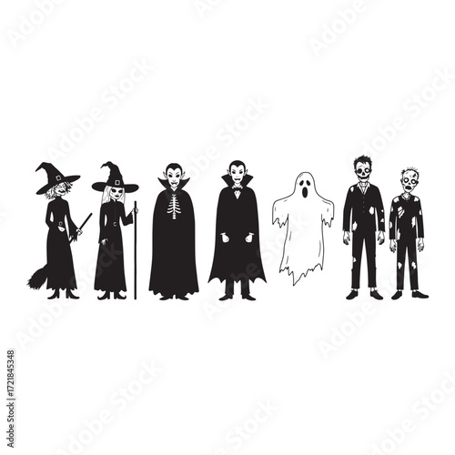 Halloween figures including witches, vampires, and zombies in black and white