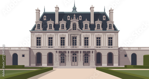 Detailed Vector Illustration of a Grand Chateau with Ornate Architecture and Lush Green Grounds