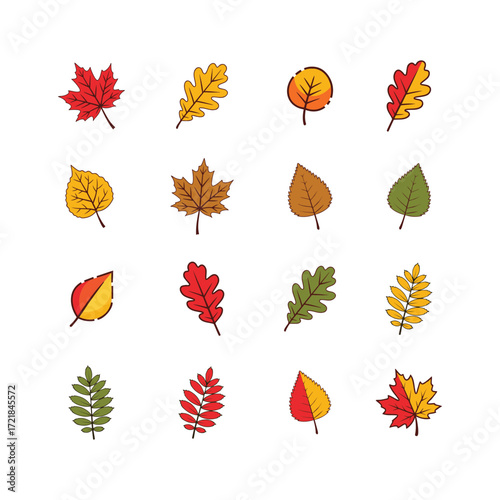 Collection of diverse autumn leaves color icon set, showcasing vibrant colors and unique shapes, ideal for seasonal designs.