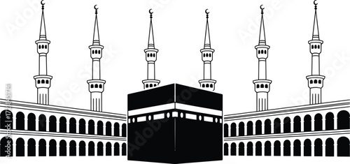 Detailed Vector Illustration of the Holy Kaaba in Mecca with Minarets and Islamic Architecture