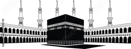 Detailed Vector Illustration of the Holy Kaaba in Mecca with Minarets and Islamic Architecture