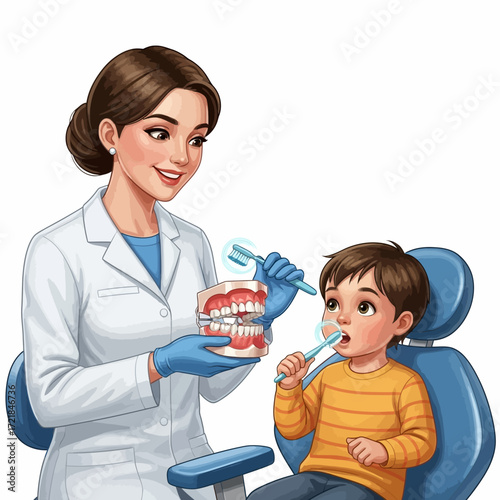 A smiling dentist demonstrates proper tooth brushing techniques to a young boy in a dental chair.