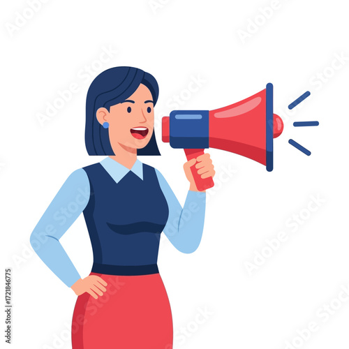 Woman announces news using a megaphone, cheerful expression, business attire.