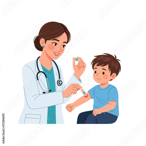 A kind doctor carefully applies a bandage to a young boy's arm, offering comfort and care during a medical examination.
