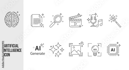 AI-Powered Creativity: A Collection of Icons Representing AI Generation Across Various Media and Industries, Sparking Innovation and Technological Advancement in a Sleek Line Art Style.