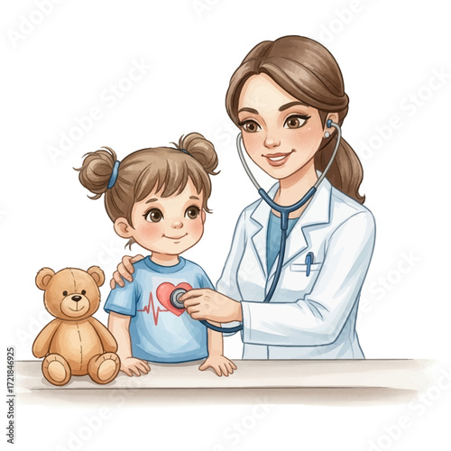 A friendly doctor examines a young girl with a stethoscope, a teddy bear present.