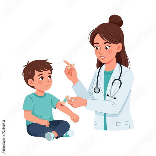 Doctor applying bandage to a young boy's arm after a vaccination.