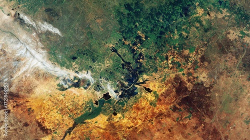 aerial view farmland river smoke