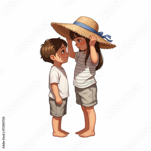 Two young children, a boy and a girl, stand close, sharing a large sun hat on a sunny day.