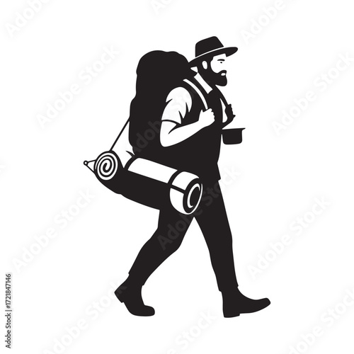 Hiker with backpack and sleeping bag walking silhouette