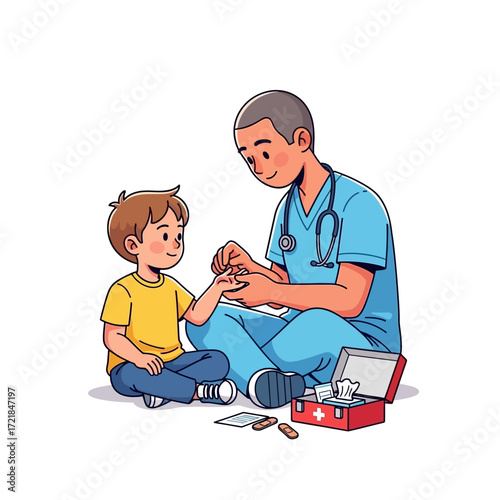 A caring healthcare professional gently applies a bandage to a young child's finger, with a first-aid kit open nearby.