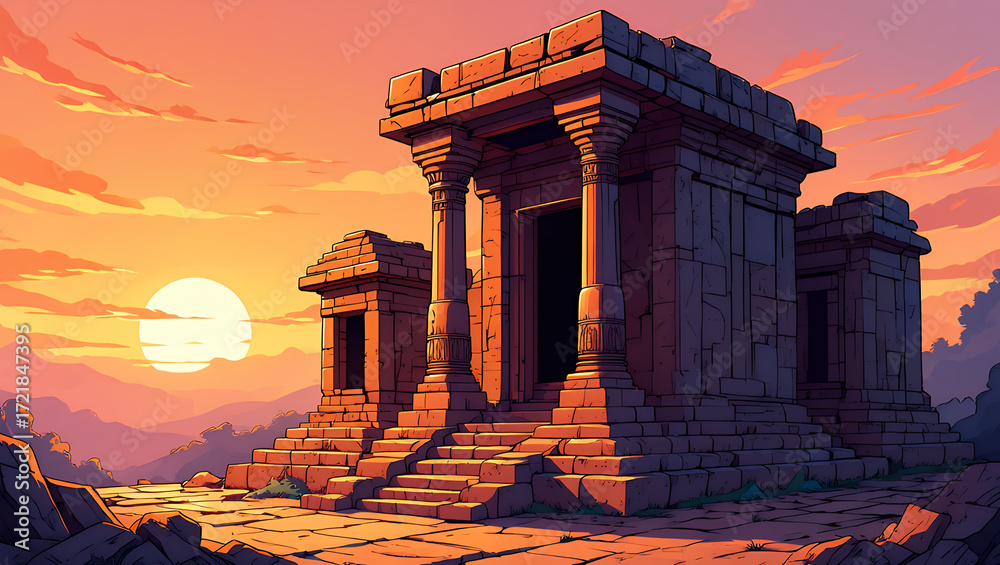 Fototapeta premium Ancient stone temple ruins at sunset, pixel art style.