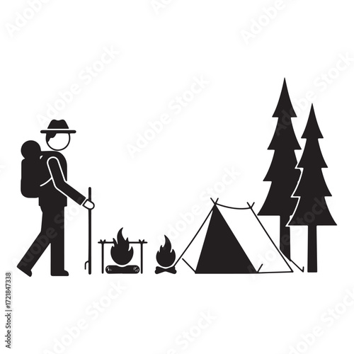 Hiker with backpack and tent at campsite illustration