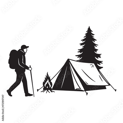 Hiker with Backpack and Trekking Pole near Tent and Campfire
