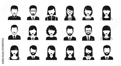 Collection of diverse avatar icons, representing different professions, gender, and hairstyles in a clean black and white vector design.