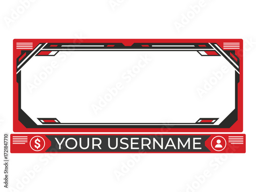 Modern red and black gaming stream overlay frame with customizable username bar and social media icons