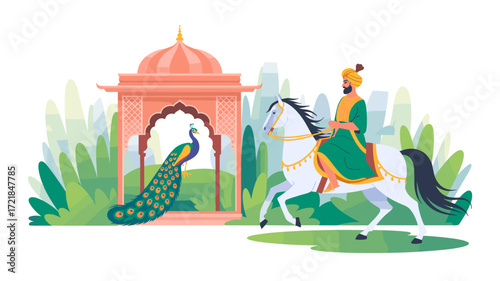 Indian Mughal Emperor on Horseback with Peacock, Symbolizing Rich Heritage and Royal Tradition, Depicting Royalty, Power, and Cultural Elegance in Detailed Flat Vector Illustration