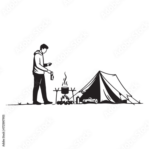 Man cooking at campfire near tent in minimalist illustration