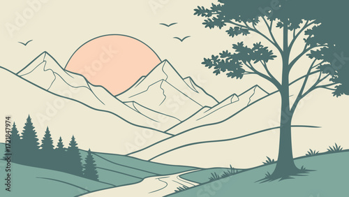 Serene mountain vista with rising sun and winding river, a peaceful landscape scene perfect for relaxation retreats and nature-themed designs