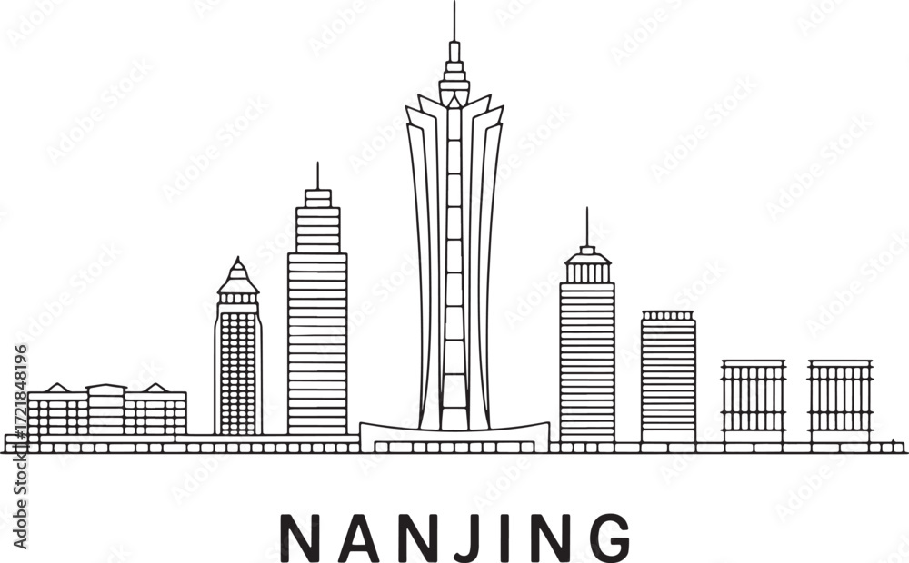 Obraz premium Nanjing Skyline Silhouette Vector Illustration with City Name on Transparent Backdrop
