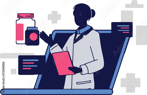 Doctor on laptop with medicine and charts