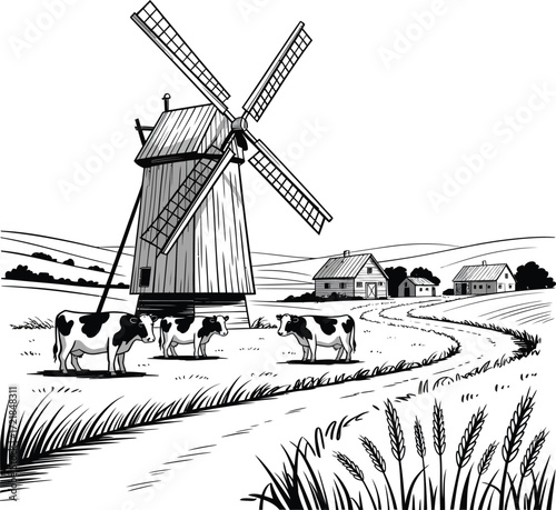 Traditional Windmill Farming and Agriculture A Hands Drawing Illustration