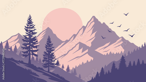Stunning mountain vista at sunrise with soaring birds creating a sense of peace and adventure perfect for travel blogs or nature-themed marketing