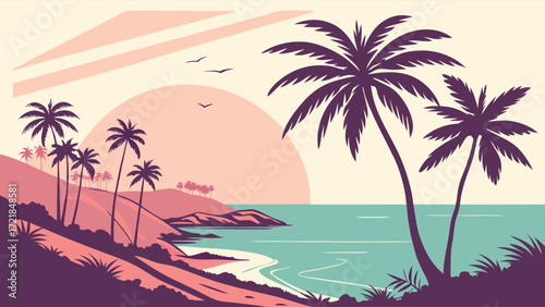 Serene tropical beach escape with silhouetted palm trees and calm ocean waves, perfect for travel posters, summer promotions, and vacation designs, vector art