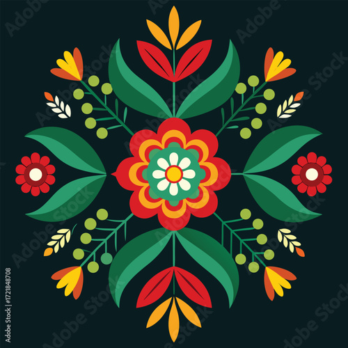 Vibrant Folk Art Floral Design; Symmetrical, Colorful, Festive