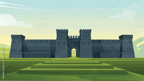 Castle Wall Vector Illustration with Stone Structure and Green Landscape Design Element