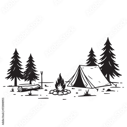 Tent and campfire in a pine forest clearing illustration Keywords: camping, tent, campfire, fire