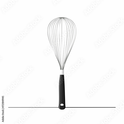 Clean and elegant vector illustration of a versatile chrome kitchen whisk with a black handle, an essential culinary tool perfect for cooking, baking, and food preparation in a modern style