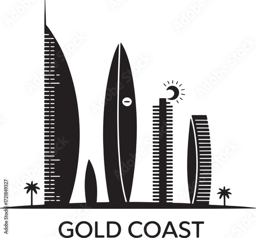 Gold Coast Skyline Silhouette Vector Illustration with Palm Trees and Sun Design Element