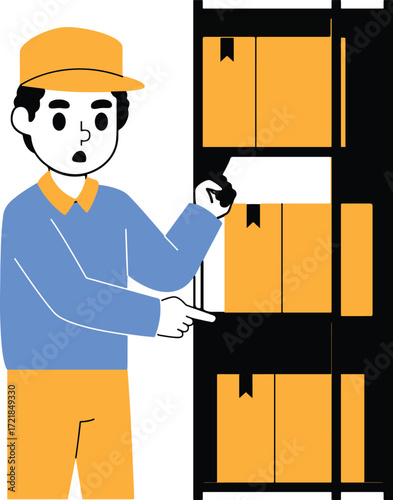 Delivery person pointing at boxes on a shelf