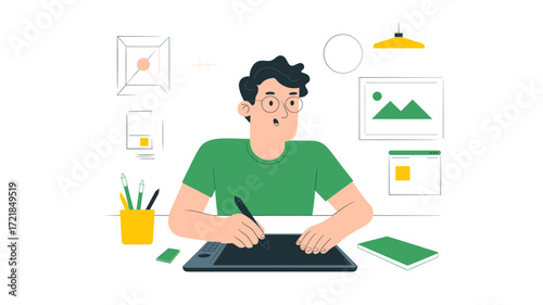 Graphic Designer at Work: Vector Illustration of a Man Using a Drawing Tablet for Digital Art Creation and Design Projects