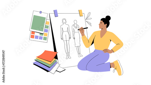 Fashion Designer Sketching New Designs: Creative Woman at Work with Sketches, Fabric Swatches, and Design Inspiration for Her Fashion Line.