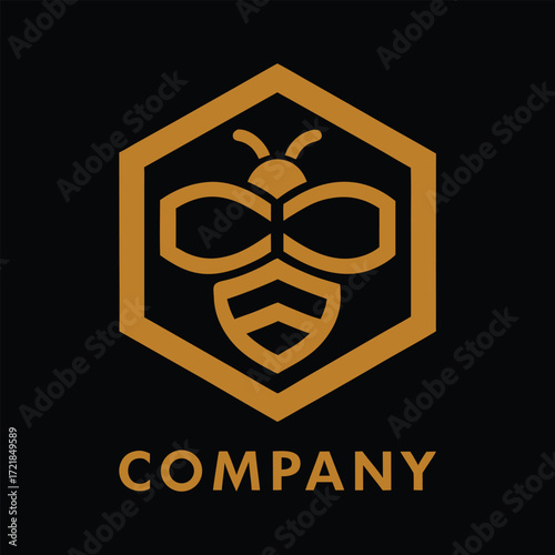Golden Bee Emblem with Hexagon and Company Text hive logo