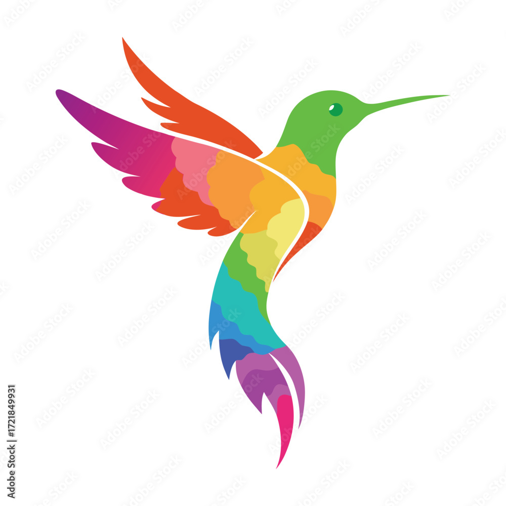 Obraz premium Vibrant rainbow hummingbird in flight with wings spread against a white background symbolizing diversity and joyful movement