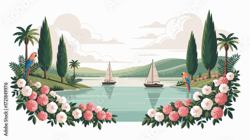 Serene Lake Illustration with Sailboats, Parrots, and Floral Accents: A Tranquil Scene for Travel, Nature, and Exotic Designs