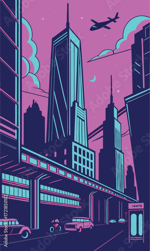 Vibrant pixel art of a futuristic city skyline at night, featuring towering skyscrapers and flying vehicles, a modern retro aesthetic evoking urban dreams